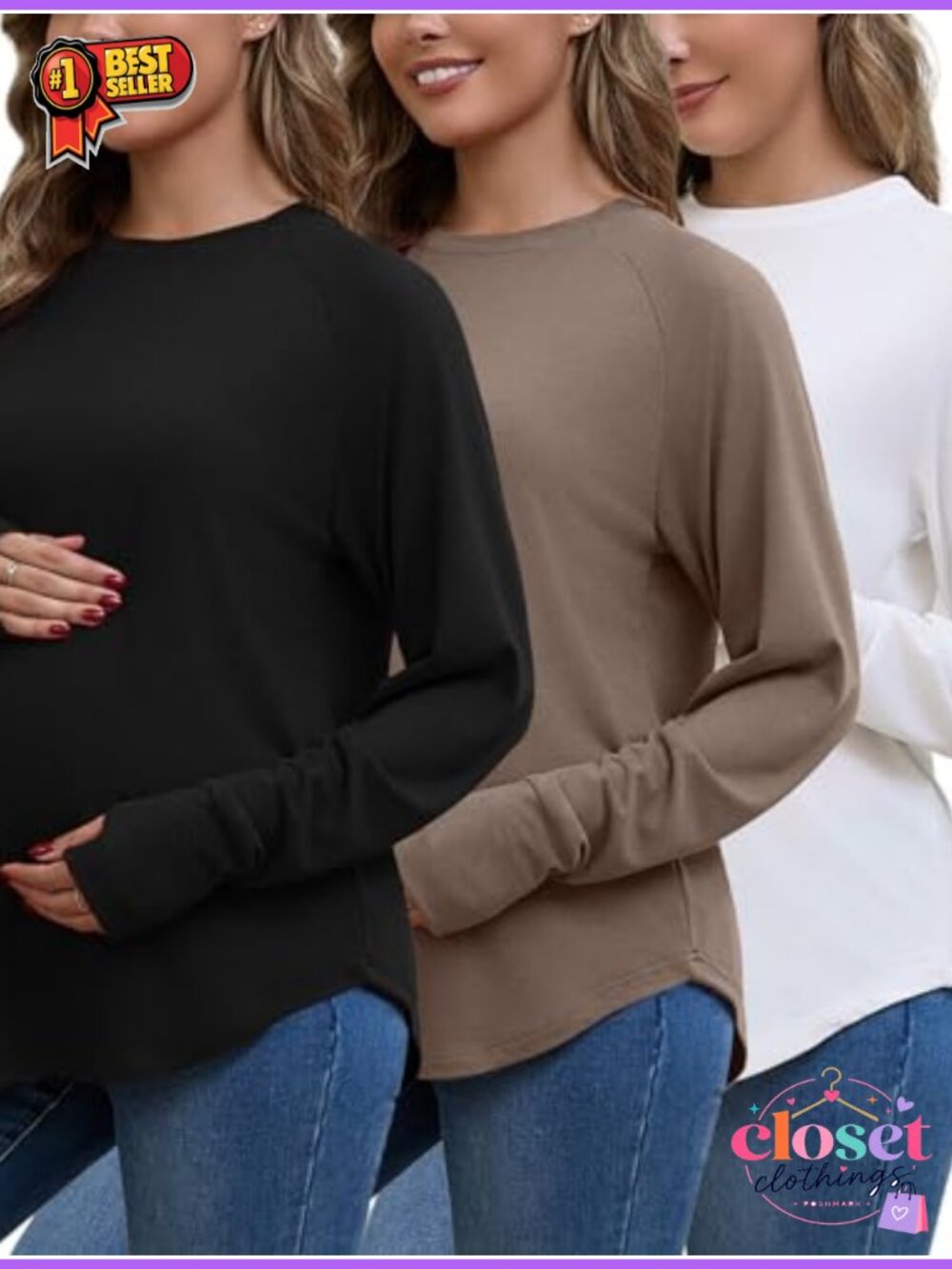 Maternity Long Sleeve Thumb Hole Tops 3 Pack Loose Fit Pregnancy Tees